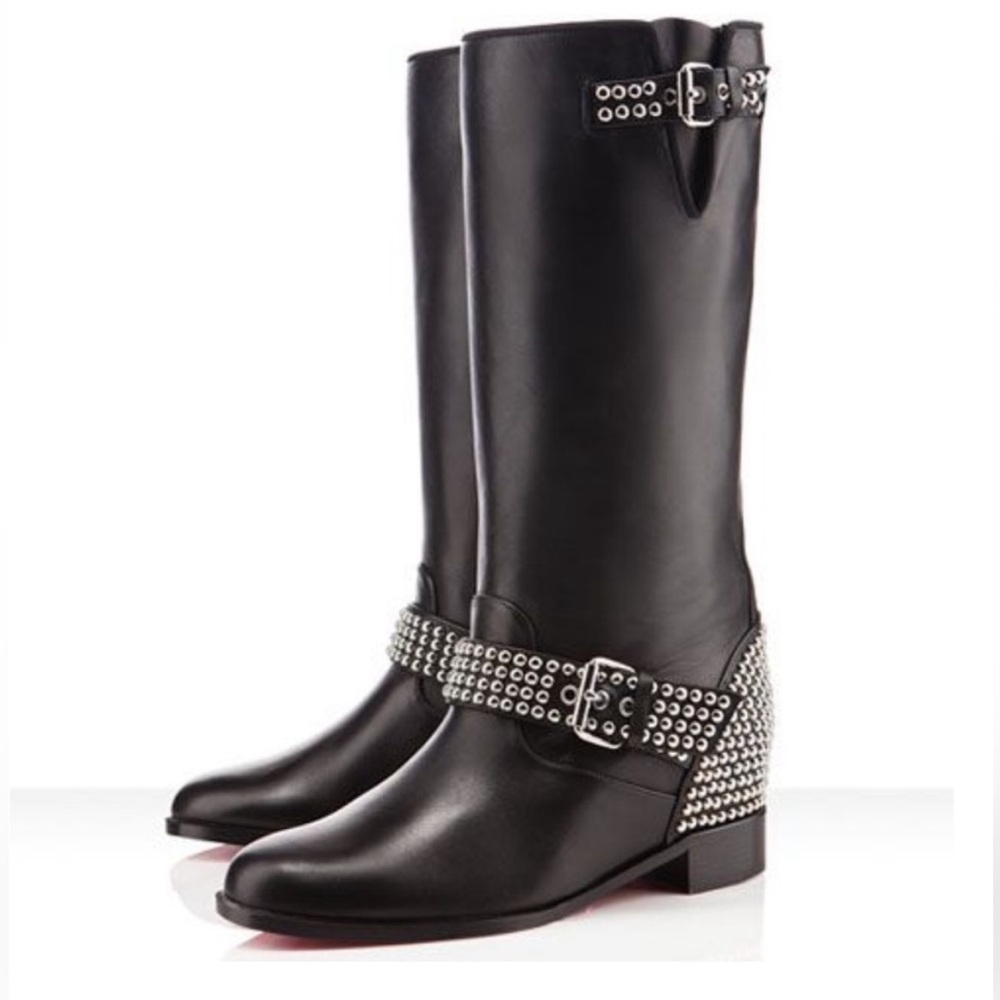 Christian Louboutin Black Leather Studded Combat  Motorcycle Biker Flat Boots